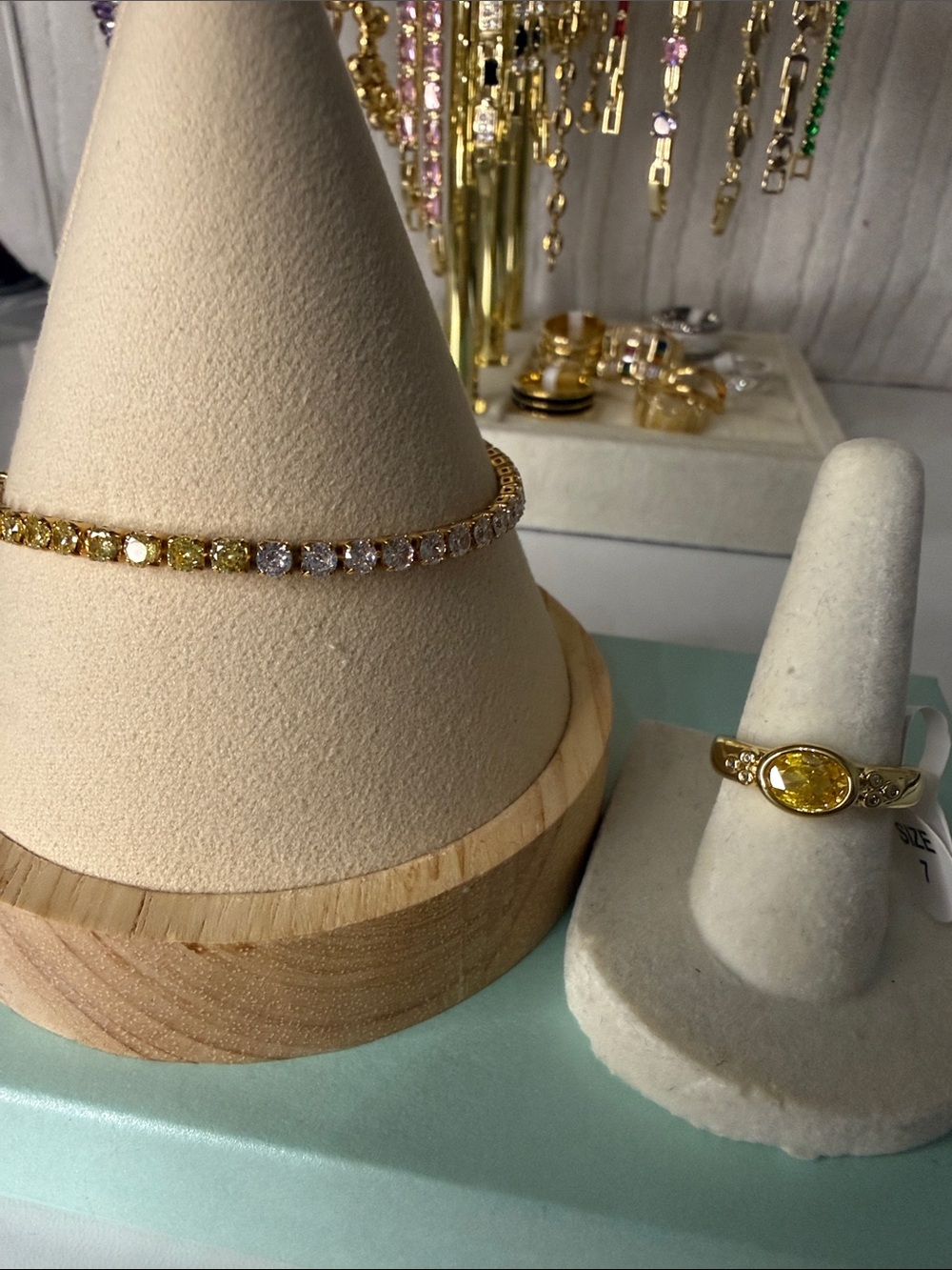 Gold Yellow and White Tennis Bracelet and Yellow Stone Ring Set
